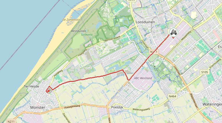 Kaart van de omgeving van de melding, met de kazerne die is gealarmeerd