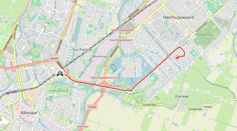 Kaart van de omgeving van de melding, met de kazerne die is gealarmeerd