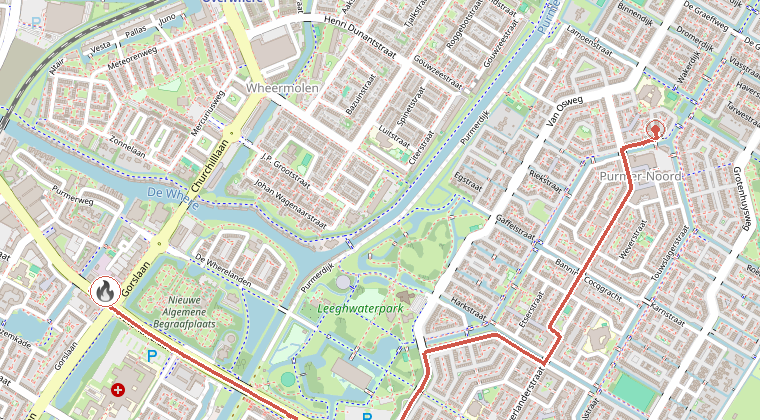 Kaart van de omgeving van de melding, met de kazerne die is gealarmeerd