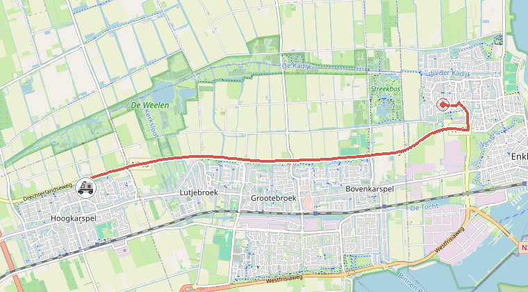Kaart van de omgeving van de melding, met de kazerne die is gealarmeerd