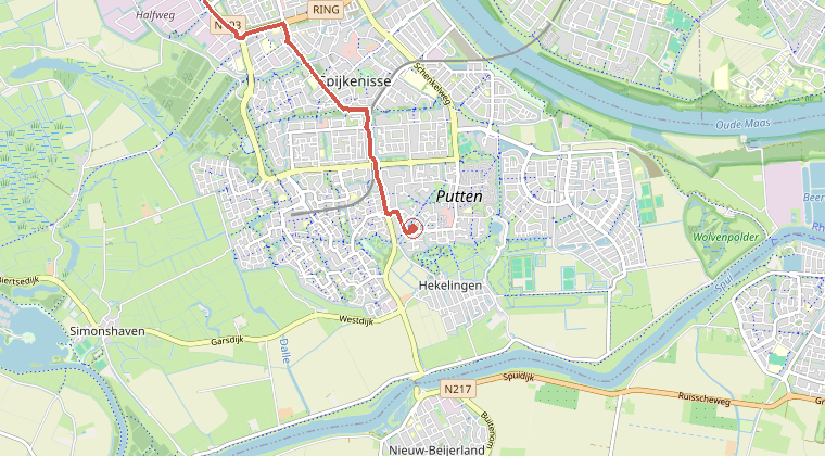 Kaart van de omgeving van de melding, met de kazerne die is gealarmeerd