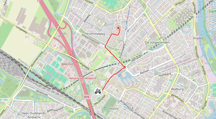 Kaart van de omgeving van de melding, met de kazerne die is gealarmeerd