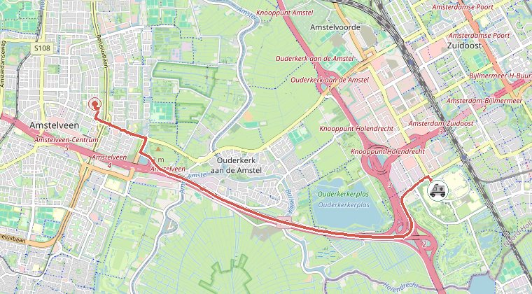 Kaart van de omgeving van de melding, met de kazerne die is gealarmeerd