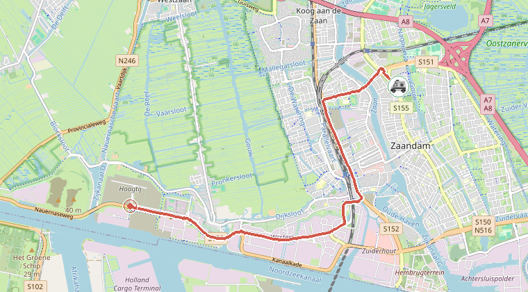 Kaart van de omgeving van de melding, met de kazerne die is gealarmeerd