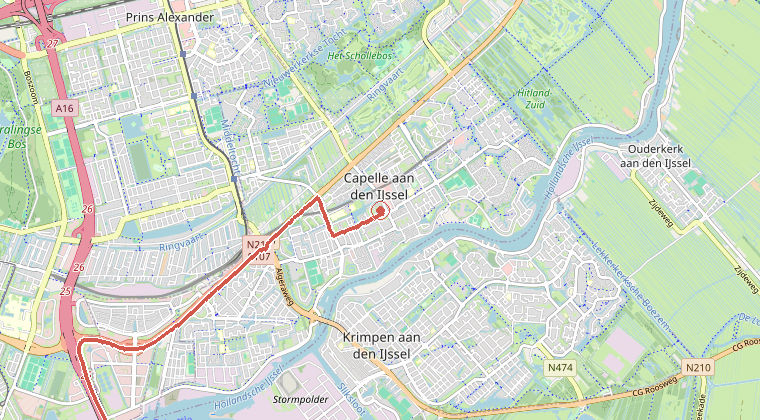 Kaart van de omgeving van de melding, met de kazerne die is gealarmeerd