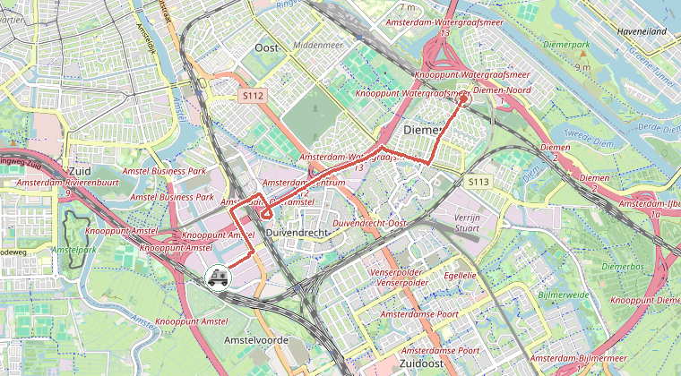 Kaart van de omgeving van de melding, met de kazerne die is gealarmeerd