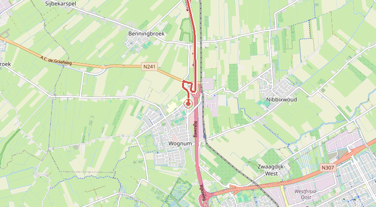 Kaart van de omgeving van de melding, met de kazerne die is gealarmeerd