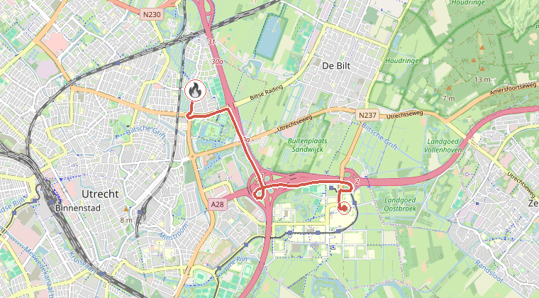 Kaart van de omgeving van de melding, met de kazerne die is gealarmeerd