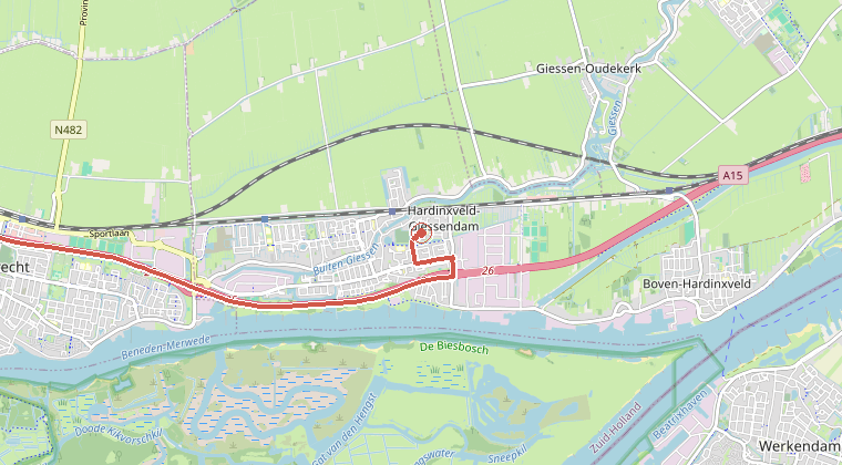 Kaart van de omgeving van de melding, met de kazerne die is gealarmeerd