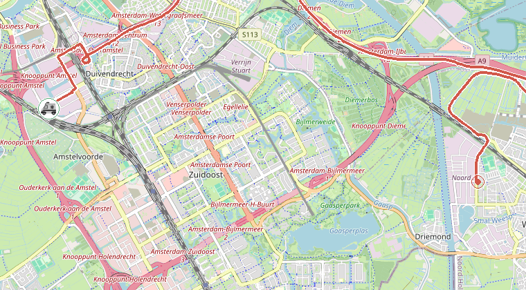 Kaart van de omgeving van de melding, met de kazerne die is gealarmeerd