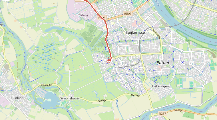 Kaart van de omgeving van de melding, met de kazerne die is gealarmeerd