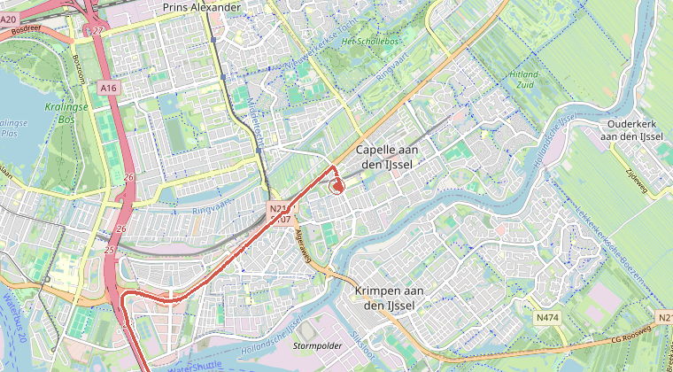 Kaart van de omgeving van de melding, met de kazerne die is gealarmeerd