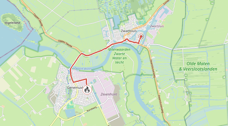 Kaart van de omgeving van de melding, met de kazerne die is gealarmeerd