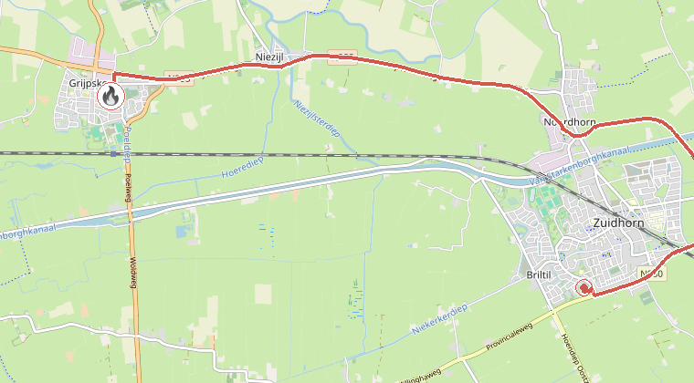 Kaart van de omgeving van de melding, met de kazerne die is gealarmeerd