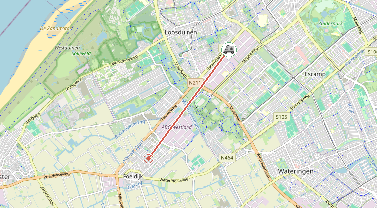 Kaart van de omgeving van de melding, met de kazerne die is gealarmeerd