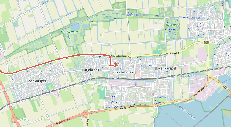 Kaart van de omgeving van de melding, met de kazerne die is gealarmeerd