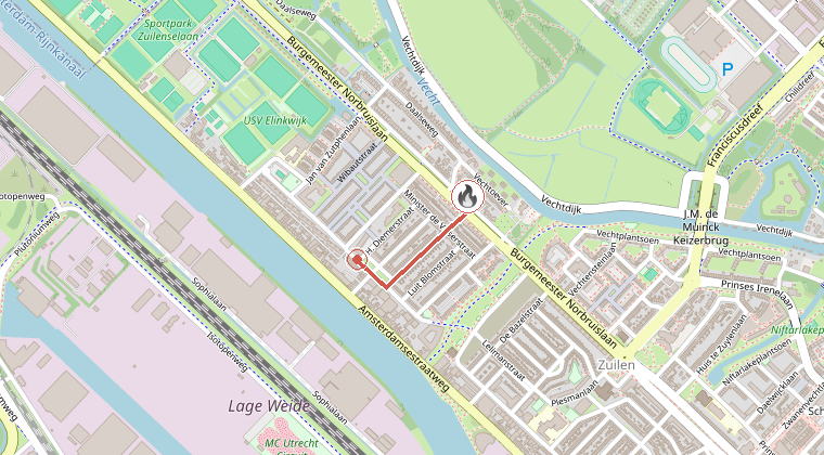 Kaart van de omgeving van de melding, met de kazerne die is gealarmeerd