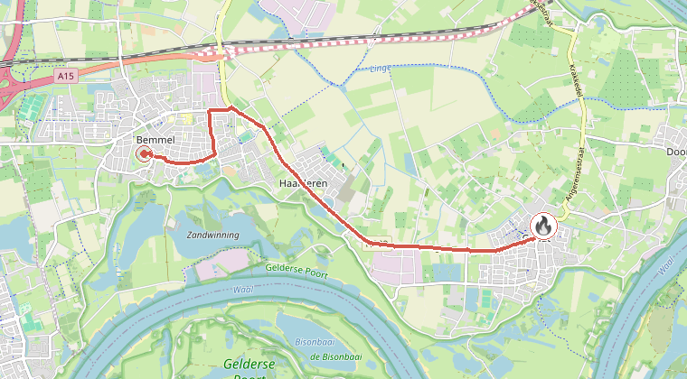 Kaart van de omgeving van de melding, met de kazerne die is gealarmeerd