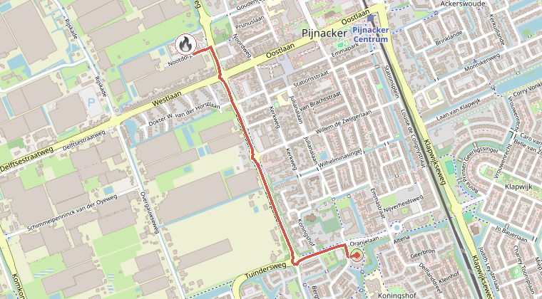 Kaart van de omgeving van de melding, met de kazerne die is gealarmeerd