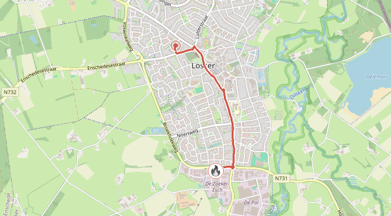 Kaart van de omgeving van de melding, met de kazerne die is gealarmeerd