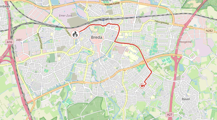 Kaart van de omgeving van de melding, met de kazerne die is gealarmeerd