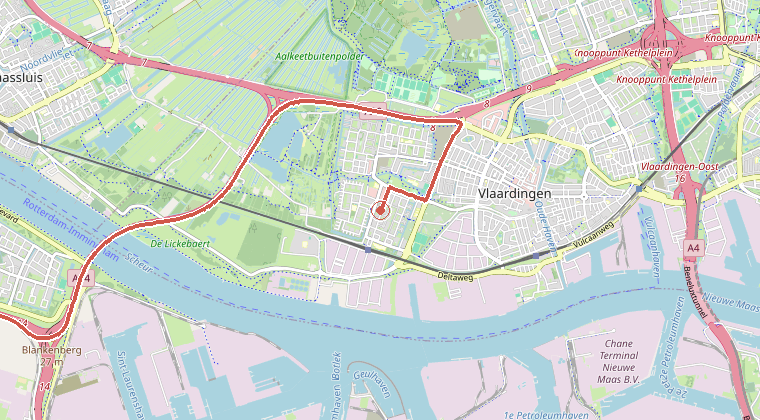 Kaart van de omgeving van de melding, met de kazerne die is gealarmeerd