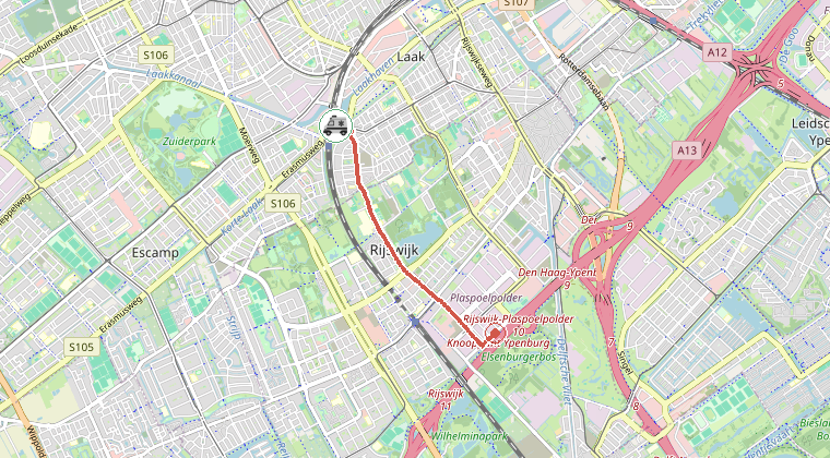 Kaart van de omgeving van de melding, met de kazerne die is gealarmeerd