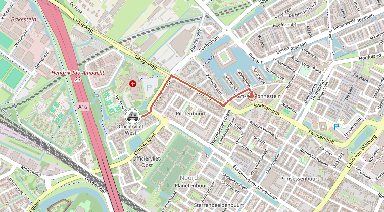 Kaart van de omgeving van de melding, met de kazerne die is gealarmeerd