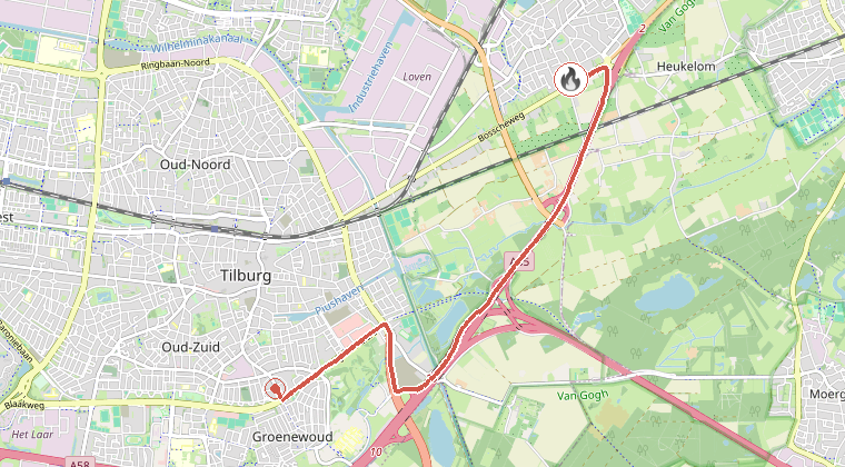Kaart van de omgeving van de melding, met de kazerne die is gealarmeerd