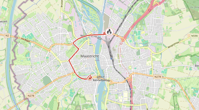 Kaart van de omgeving van de melding, met de kazerne die is gealarmeerd