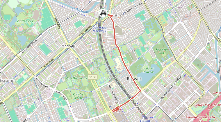 Kaart van de omgeving van de melding, met de kazerne die is gealarmeerd