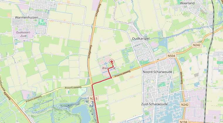 Kaart van de omgeving van de melding, met de kazerne die is gealarmeerd