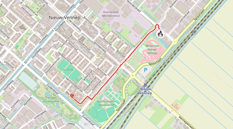 Kaart van de omgeving van de melding, met de kazerne die is gealarmeerd