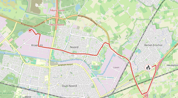 Kaart van de omgeving van de melding, met de kazerne die is gealarmeerd