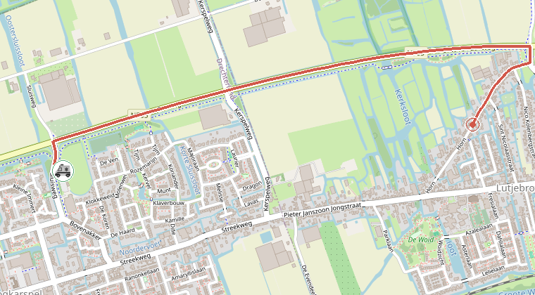 Kaart van de omgeving van de melding, met de kazerne die is gealarmeerd