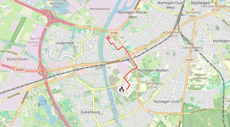Kaart van de omgeving van de melding, met de kazerne die is gealarmeerd