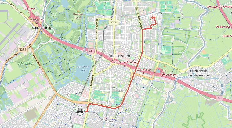 Kaart van de omgeving van de melding, met de kazerne die is gealarmeerd