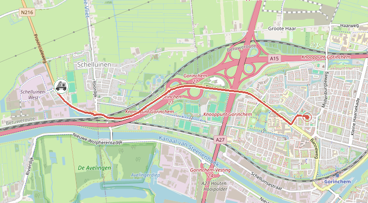 Kaart van de omgeving van de melding, met de kazerne die is gealarmeerd