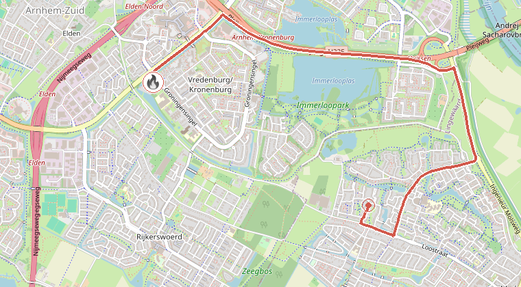 Kaart van de omgeving van de melding, met de kazerne die is gealarmeerd