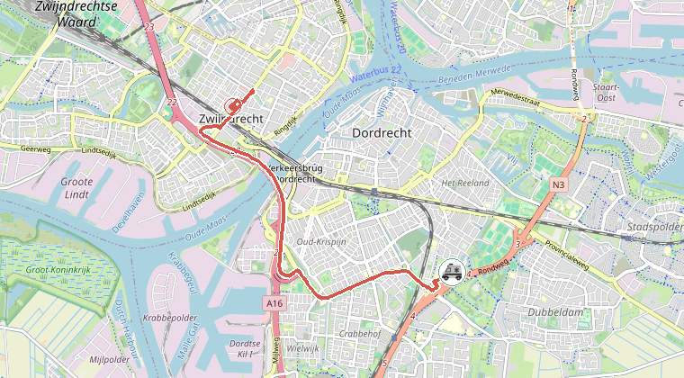 Kaart van de omgeving van de melding, met de kazerne die is gealarmeerd