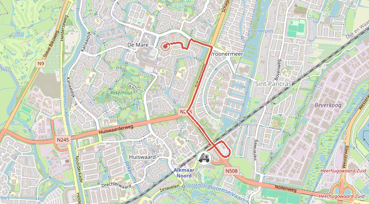 Kaart van de omgeving van de melding, met de kazerne die is gealarmeerd