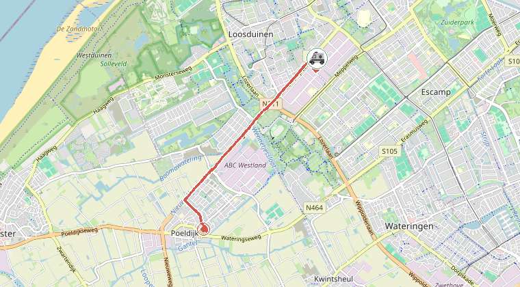 Kaart van de omgeving van de melding, met de kazerne die is gealarmeerd