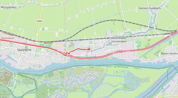 Kaart van de omgeving van de melding, met de kazerne die is gealarmeerd
