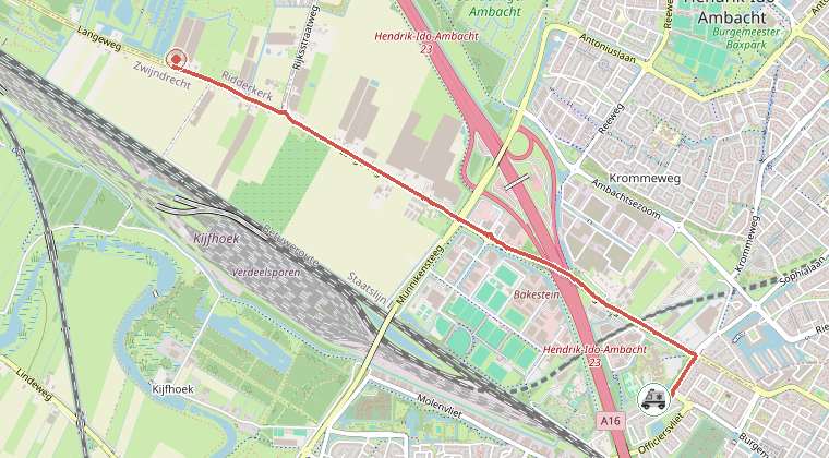 Kaart van de omgeving van de melding, met de kazerne die is gealarmeerd