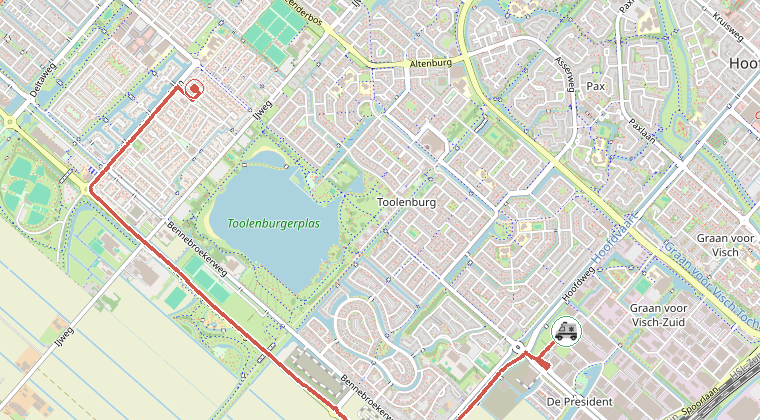 Kaart van de omgeving van de melding, met de kazerne die is gealarmeerd