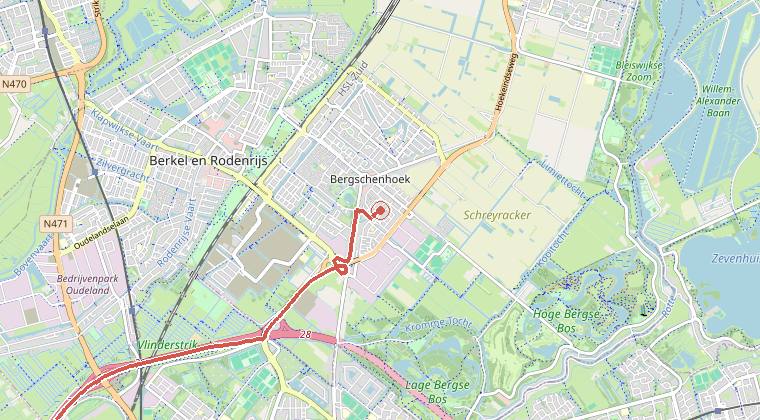 Kaart van de omgeving van de melding, met de kazerne die is gealarmeerd