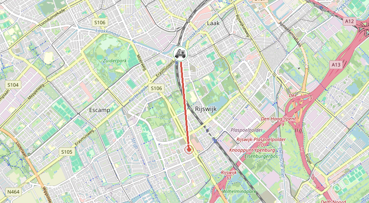 Kaart van de omgeving van de melding, met de kazerne die is gealarmeerd