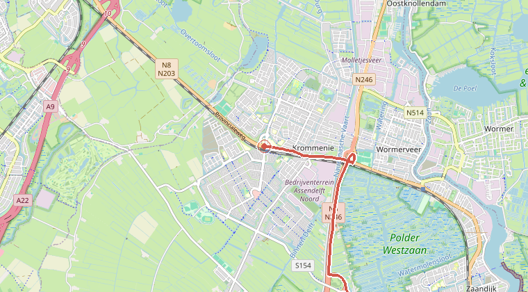Kaart van de omgeving van de melding, met de kazerne die is gealarmeerd