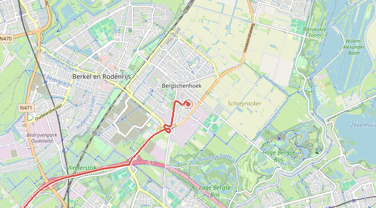 Kaart van de omgeving van de melding, met de kazerne die is gealarmeerd