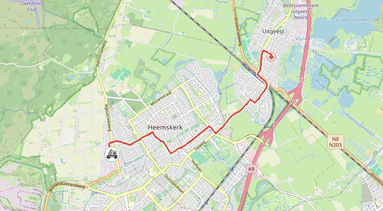 Kaart van de omgeving van de melding, met de kazerne die is gealarmeerd